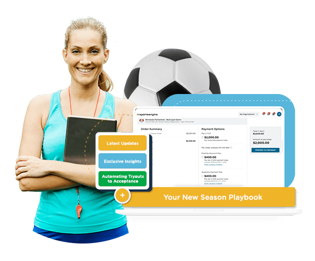 woman soccer coach, tech screen, and soccer ball